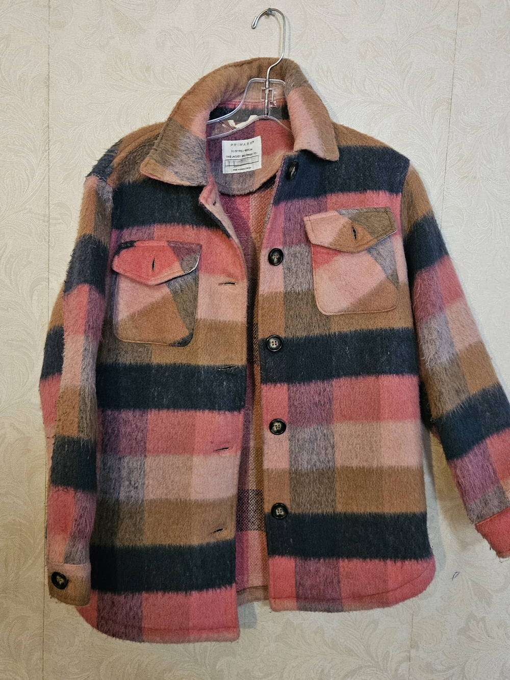 Primark Kids Checked Pea Coat - Pink, Blue, Brown